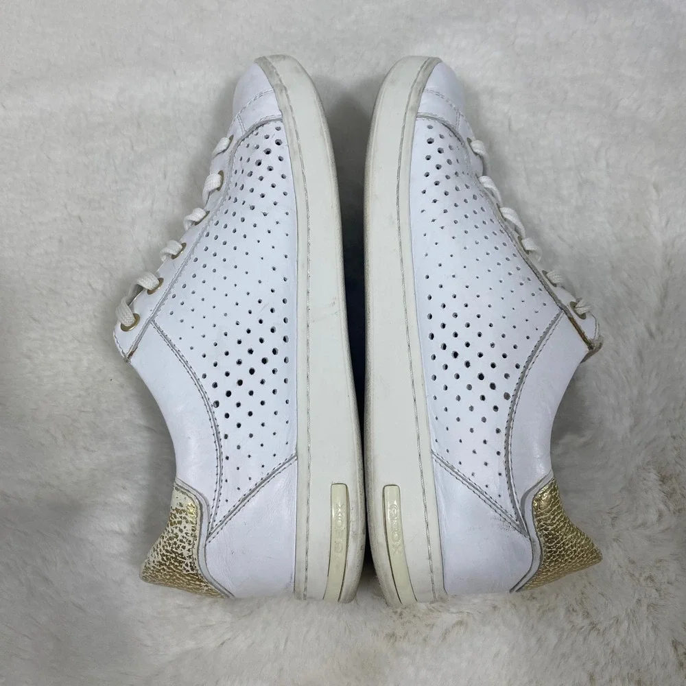 Geox Jayden B White Leather Sneakers Gold Detail Perforated Low Top Casual Shoes
